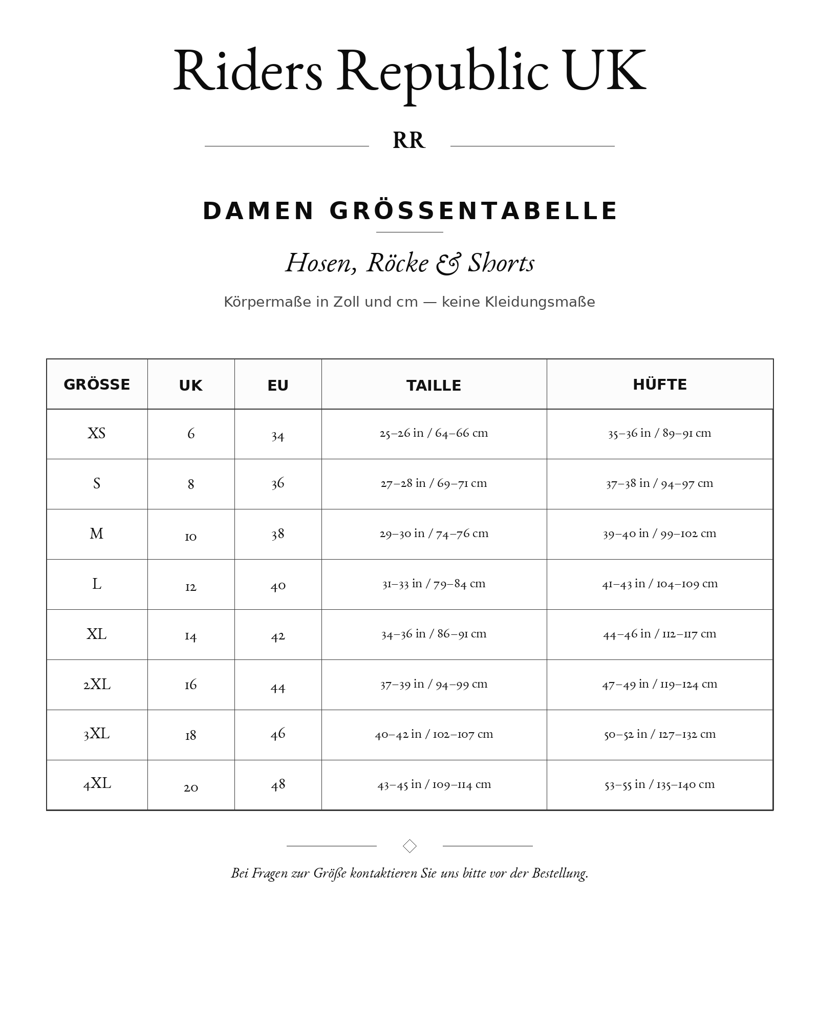 Riders Republic UK size chart