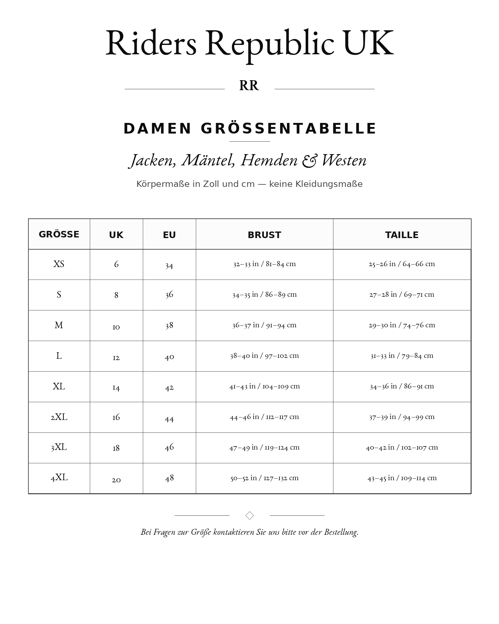 Riders Republic UK size chart
