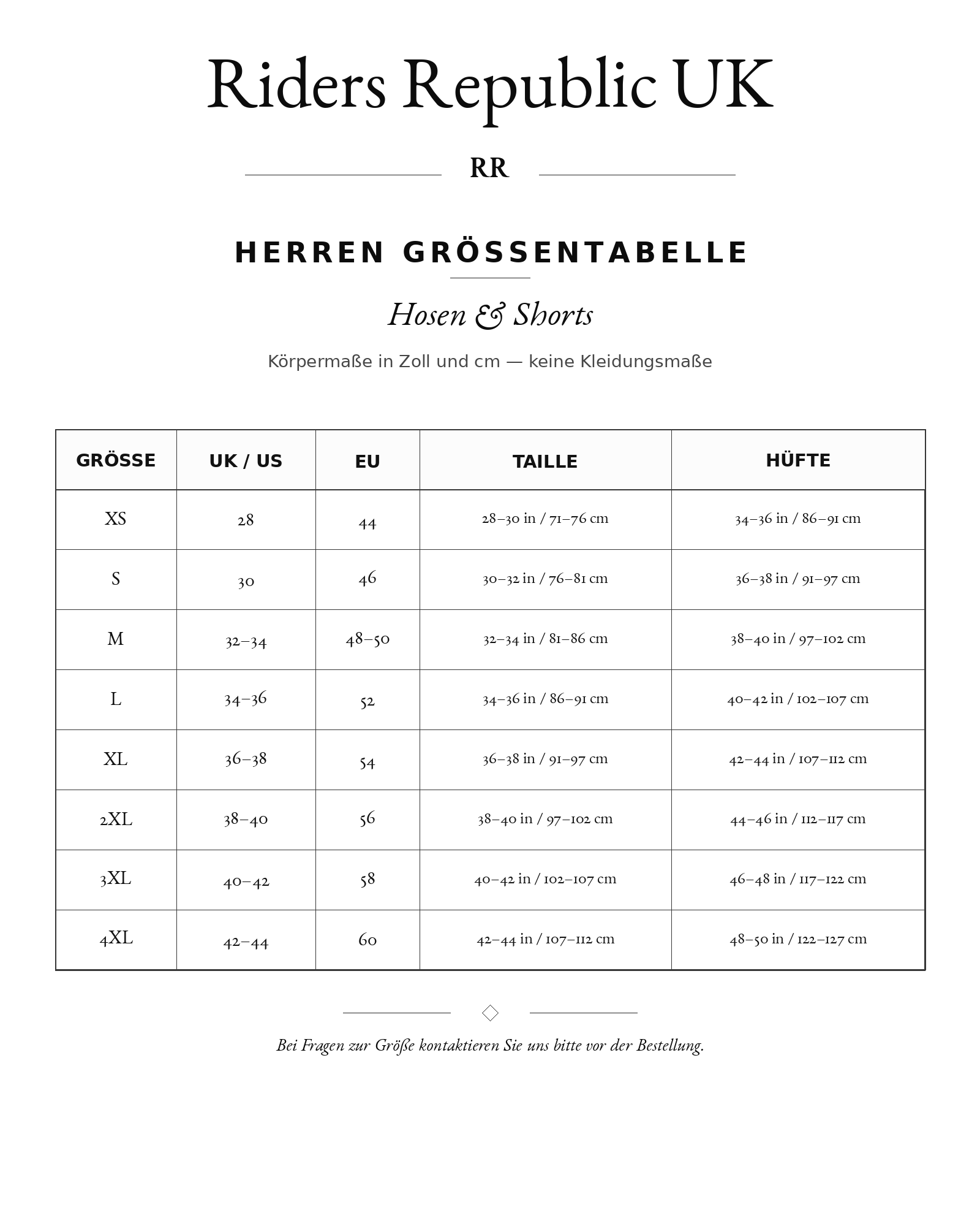 Riders Republic UK size chart