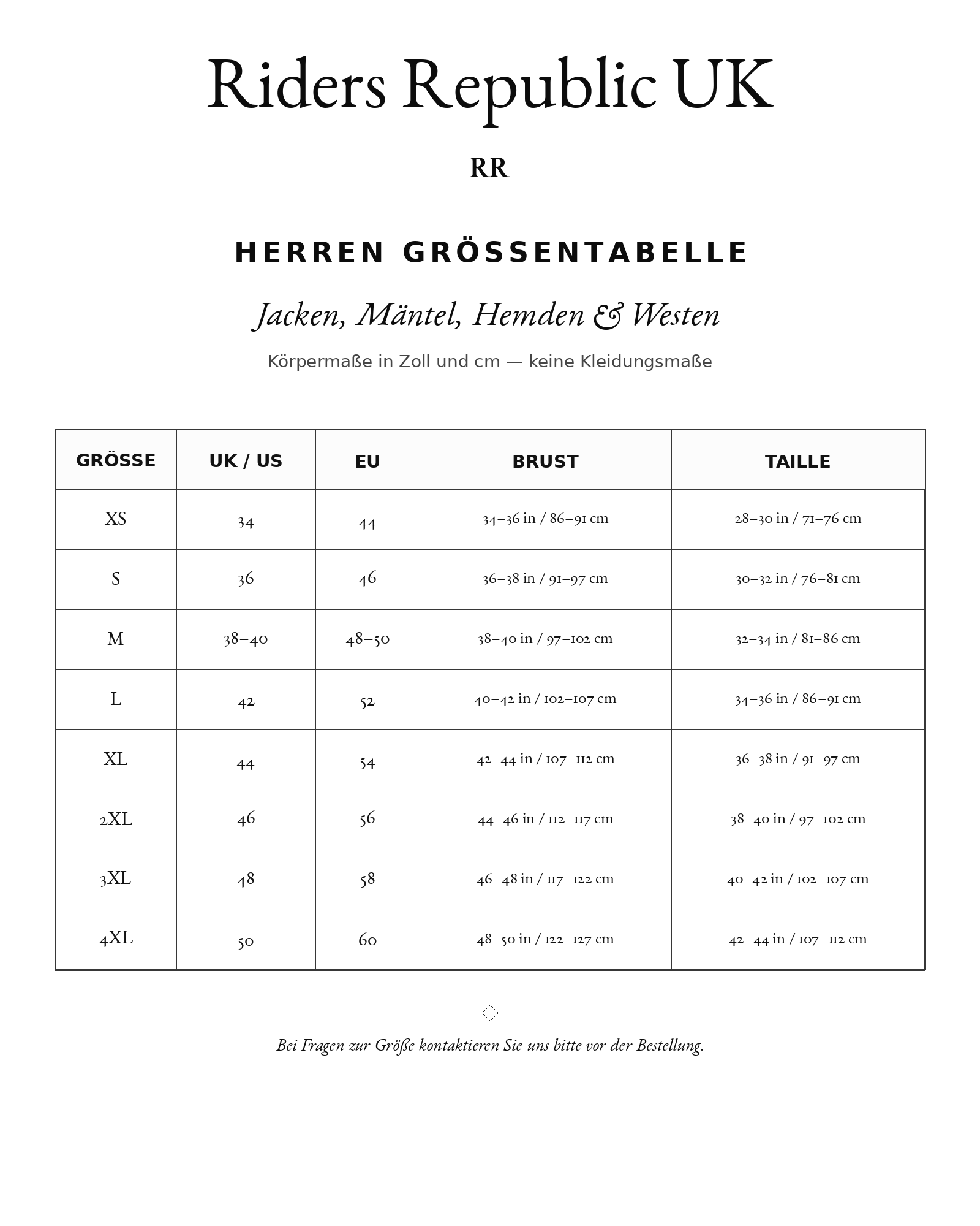 Riders Republic UK size chart