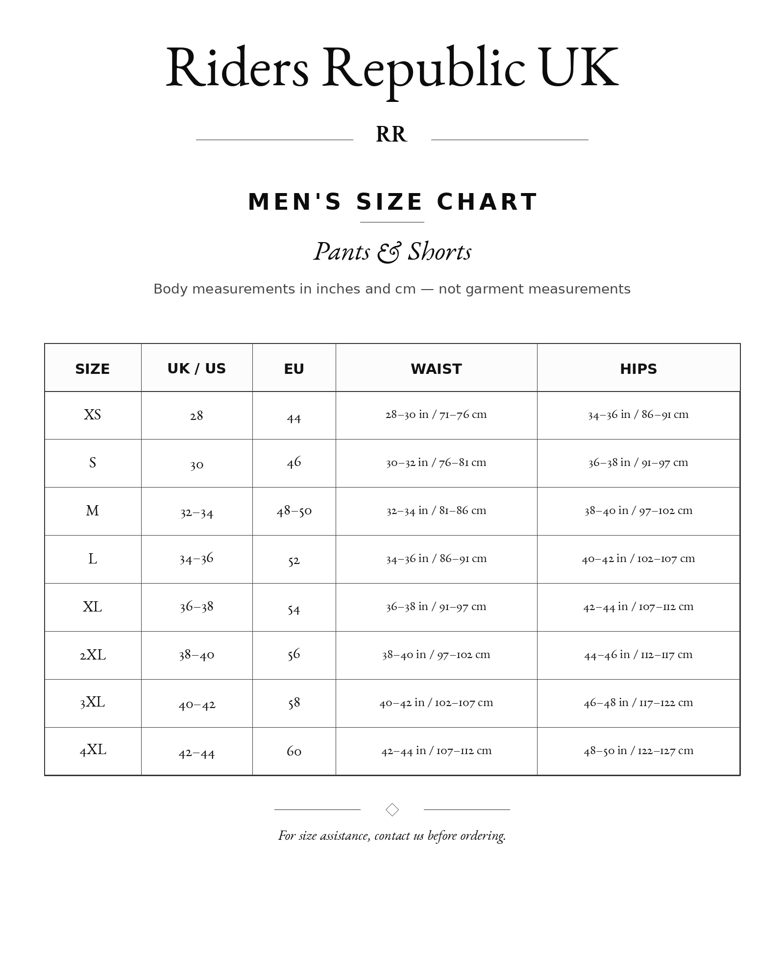 Riders Republic UK size chart