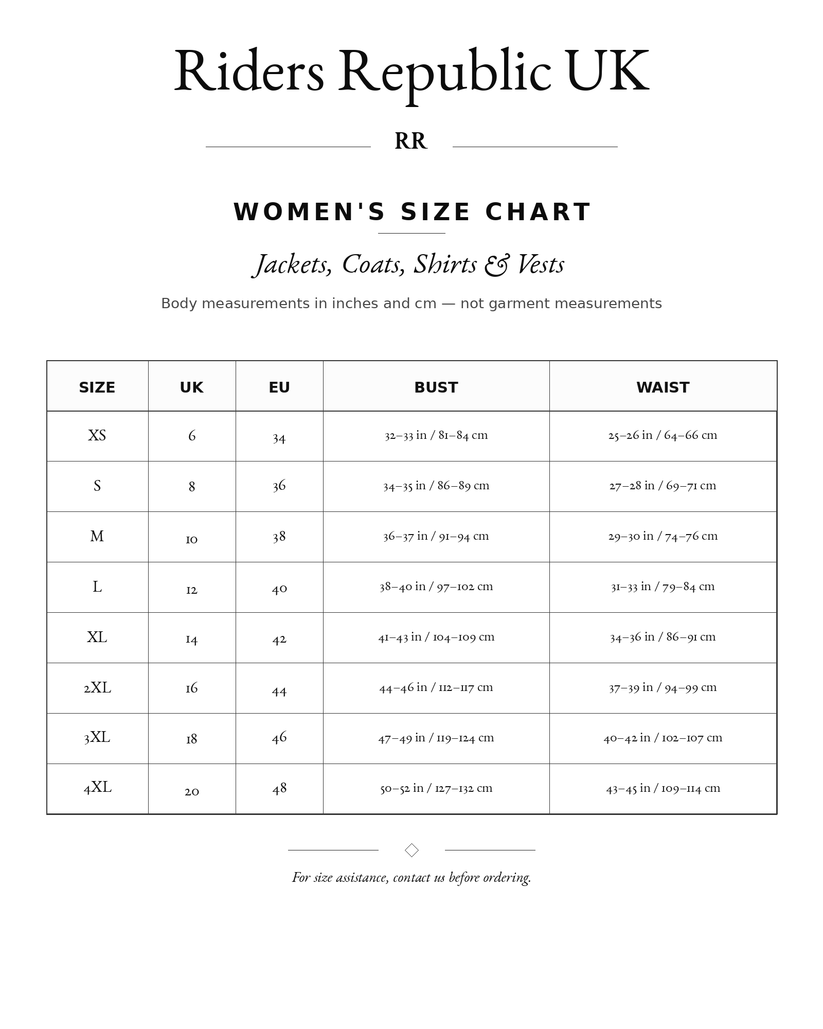 Riders Republic UK size chart
