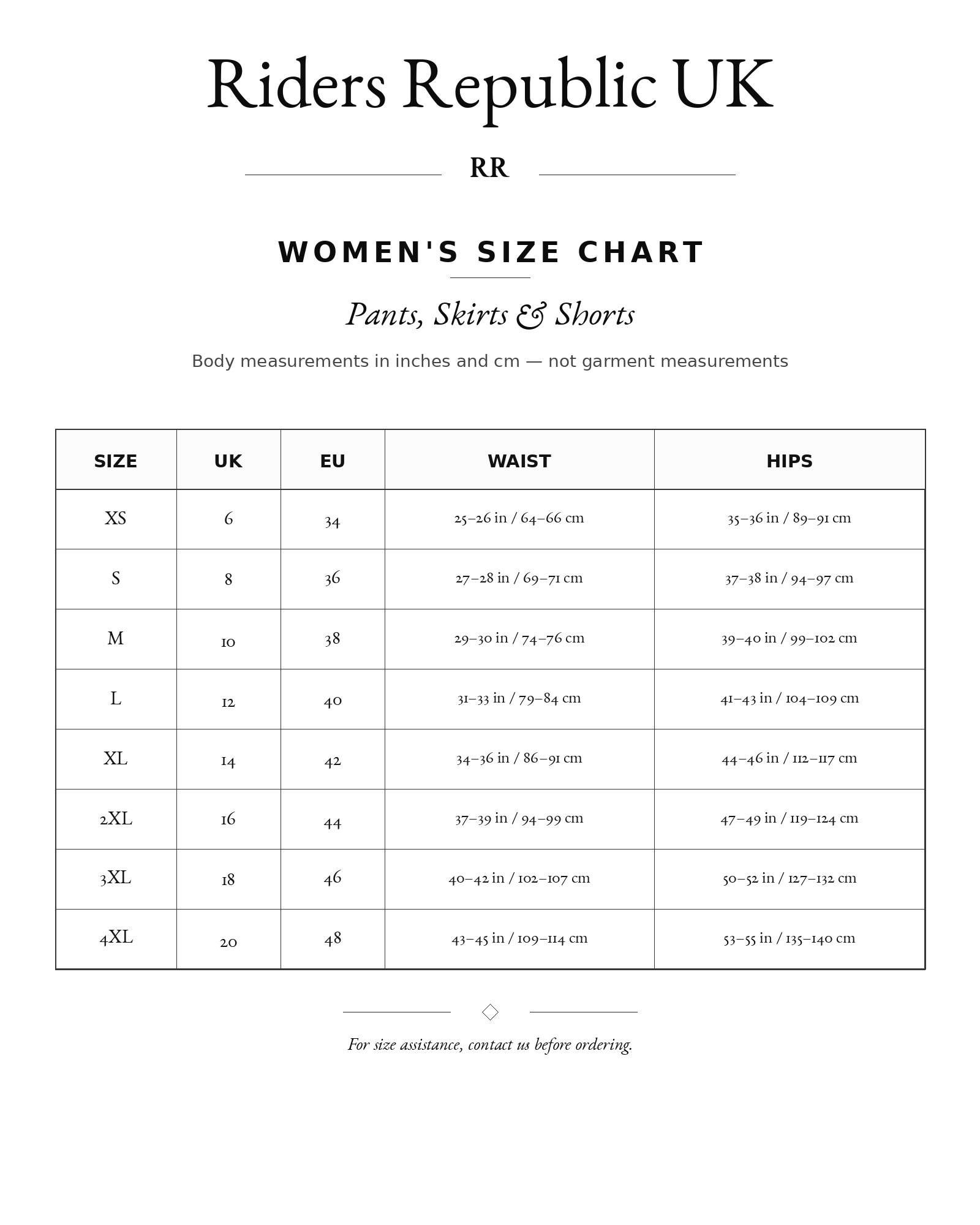 Riders Republic UK size chart