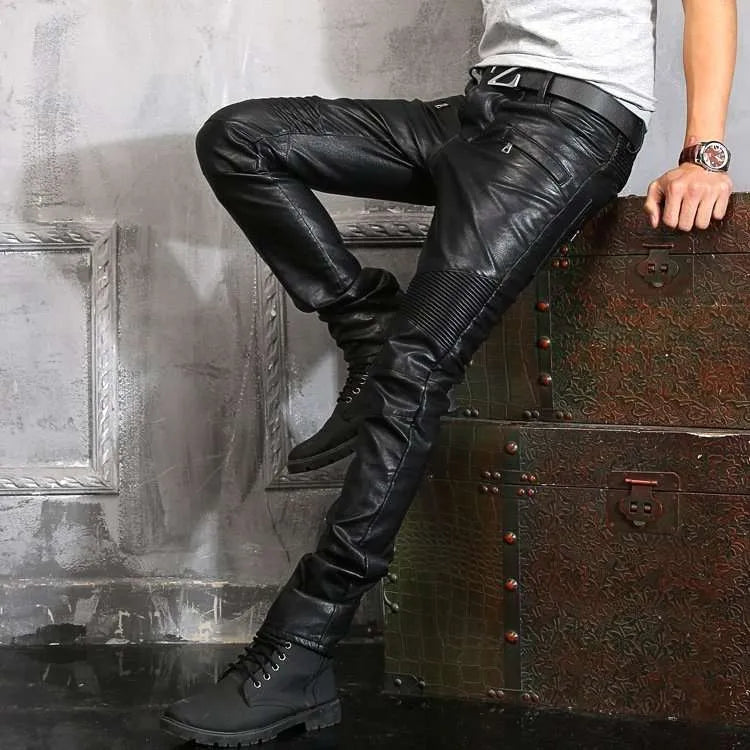 Men’s leather pants collection featuring black leather pants, biker leather trousers and premium leather bottoms for bold masculine styling.