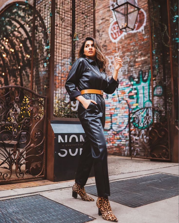 Women’s leather jumpsuit collection featuring full-body leather jumpsuits, black leather jumpsuits and statement one-piece leather outfits.