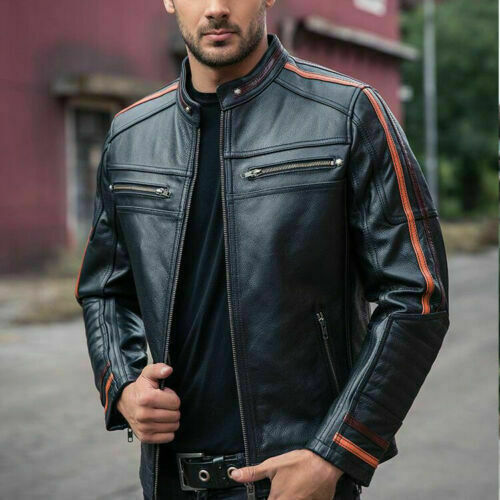 Men’s black cafe racer leather jacket in genuine leather