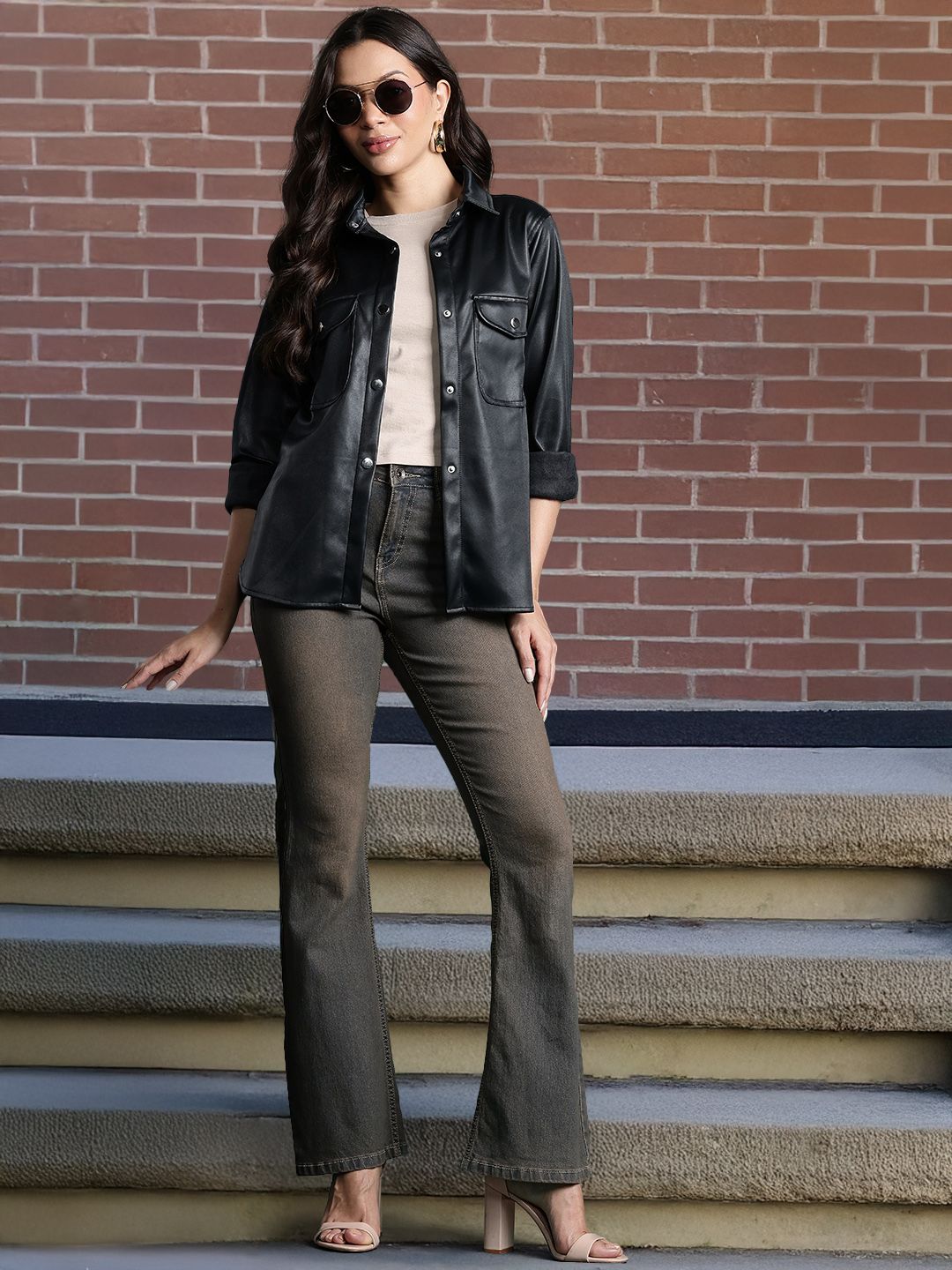 Women’s leather shirts collection featuring black leather shirts, button-up leather tops and premium leather shirt styles for bold feminine fashion.