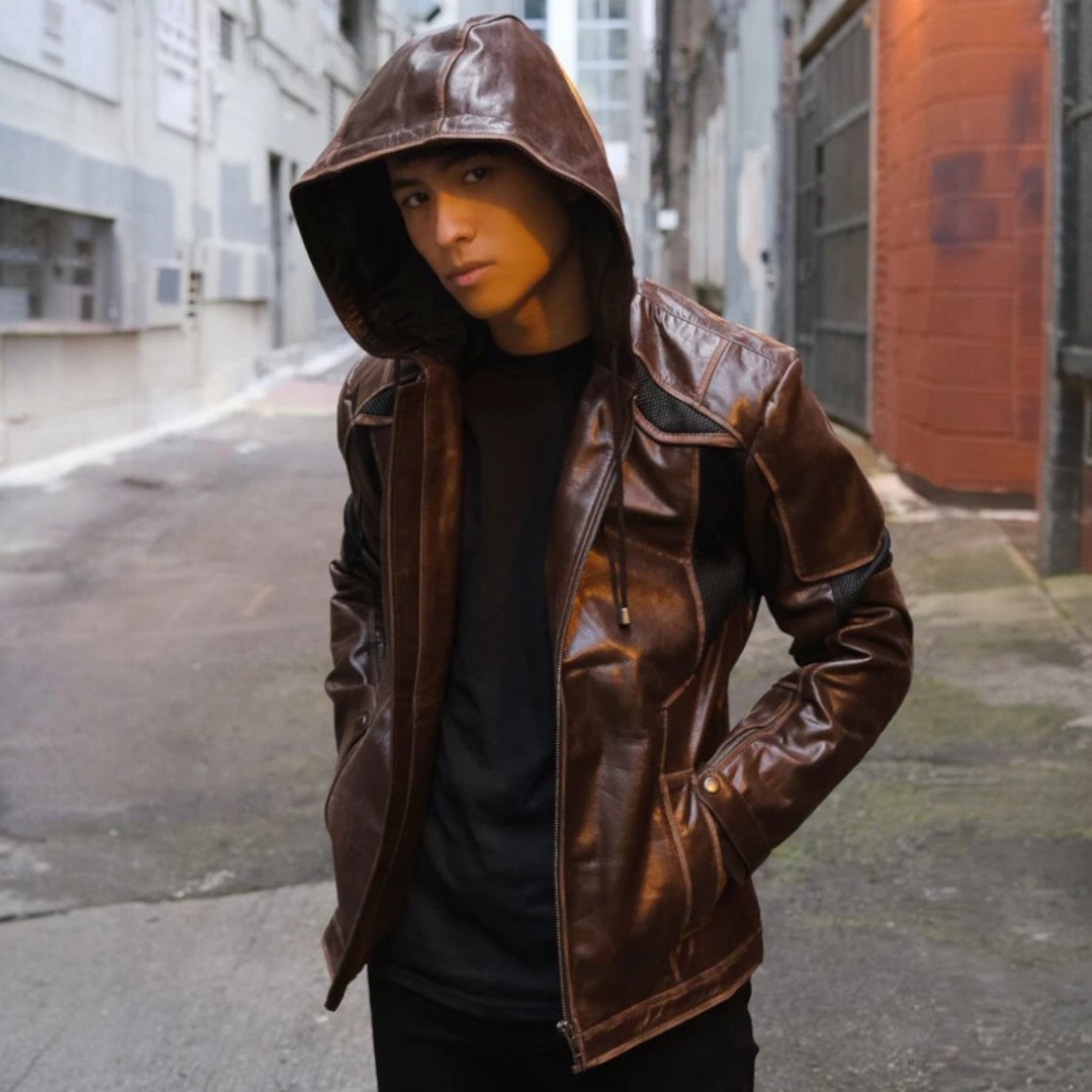 Hooded leather jacket for men with casual biker styling