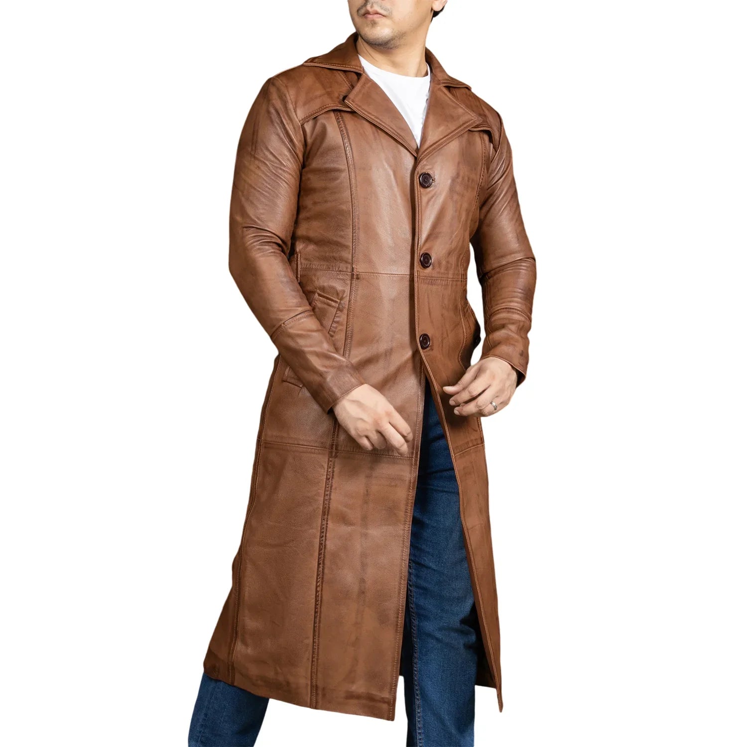 Men’s black leather duster coat in genuine leather with long fit