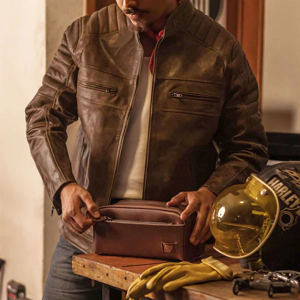 Men’s cafe racer leather jackets collection featuring clean zip-front motorcycle styles with a sharp modern fit.
