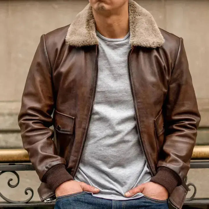 Men’s flight leather jacket with aviator styling and classic pilot jacket shape