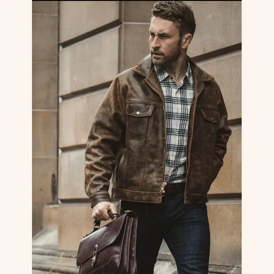 Men’s distressed leather jacket in vintage brown with rugged worn texture