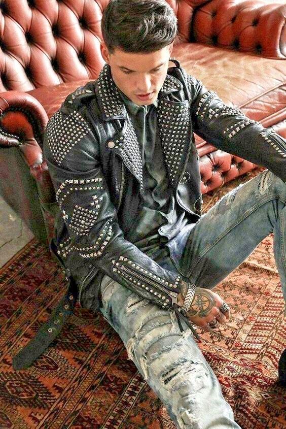 Men’s studded leather jackets collection featuring bold punk, biker and rock-inspired leather outerwear styles.