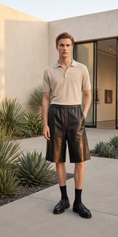 Men’s leather shorts with relaxed utility fit, side pockets and modern biker-inspired fashion style.