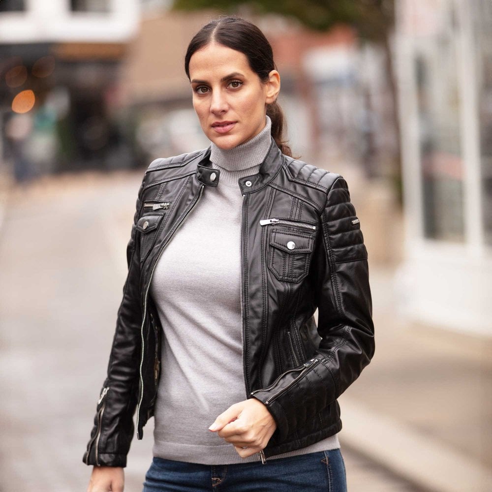 Women’s biker leather jackets collection featuring classic motorcycle-inspired designs, zip details and bold leather styling.