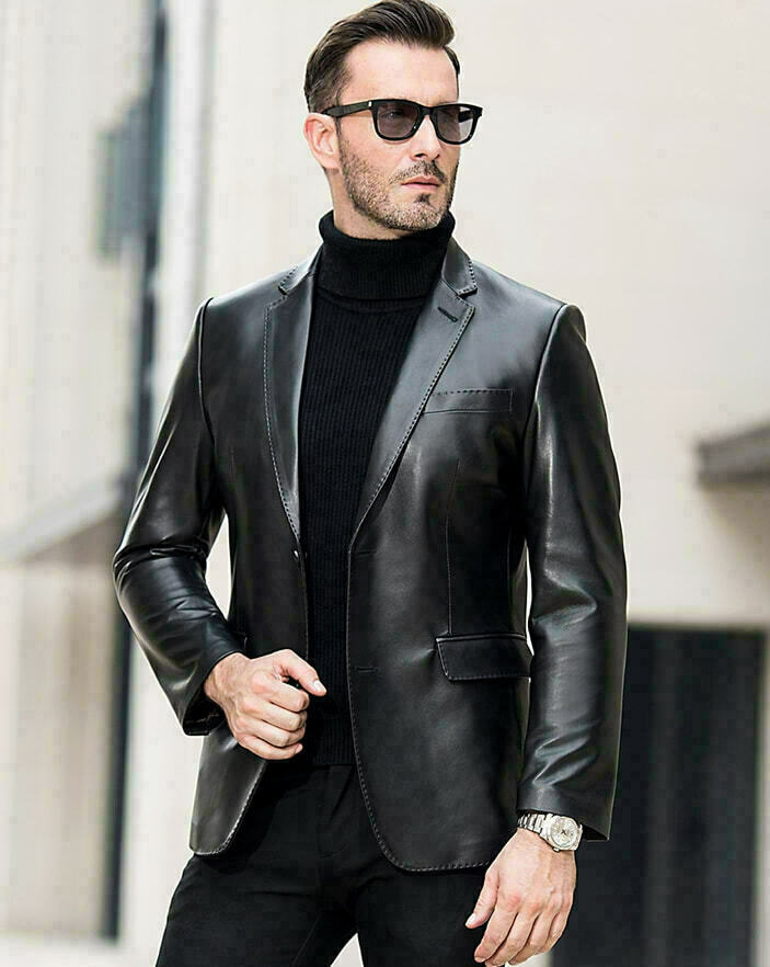 Men’s black leather blazer in genuine leather with tailored fit