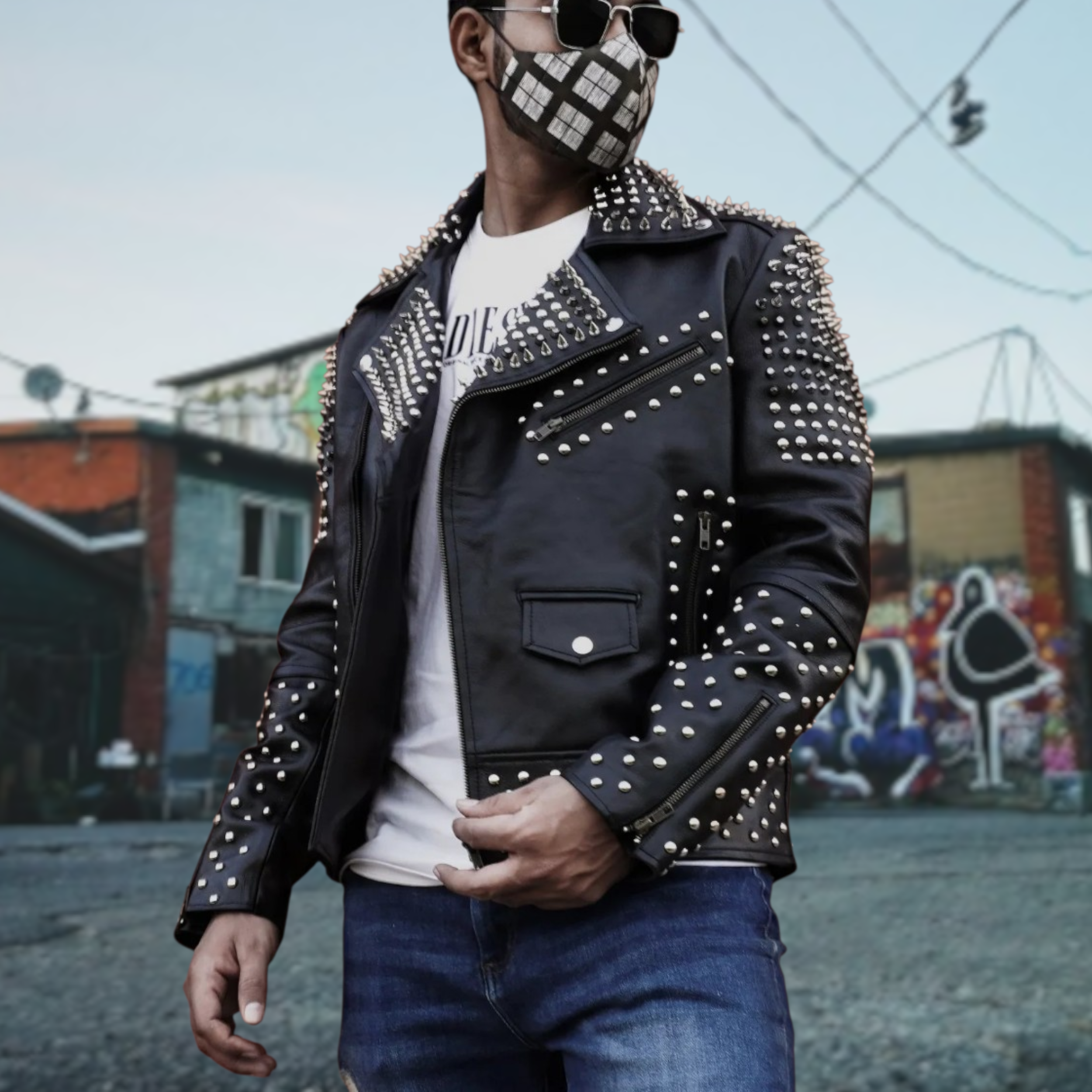 Men’s black studded leather biker jacket in genuine leather with silver metal hardware