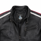 Men’s Black Leather Motorcycle Jacket with Red & White Stripes