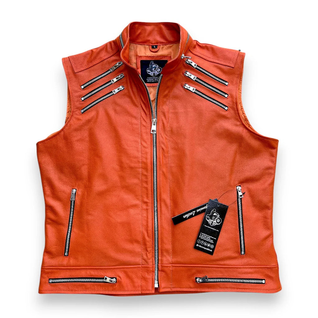 Men’s Orange Leather Motorcycle Vest