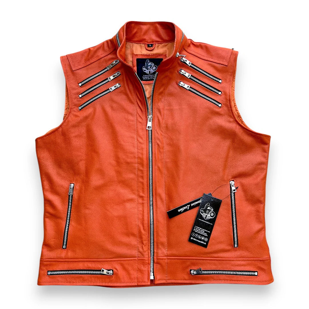 Men’s Orange Leather Motorcycle Vest