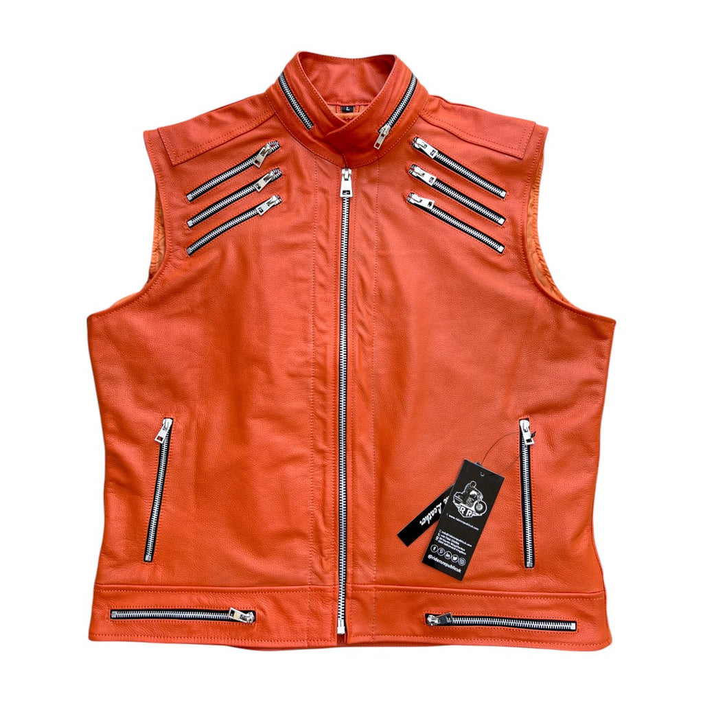 Men’s orange leather motorcycle vest in real sheepskin leather with zipper closure