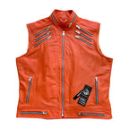 Men’s orange leather motorcycle vest in real sheepskin leather with zipper closure