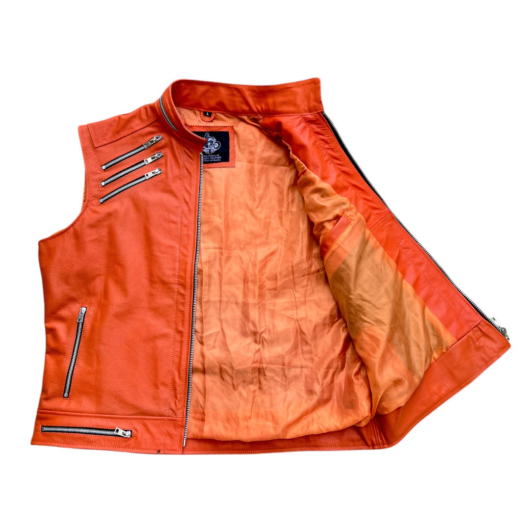Men’s orange biker leather vest with stand up collar and side zipper pockets