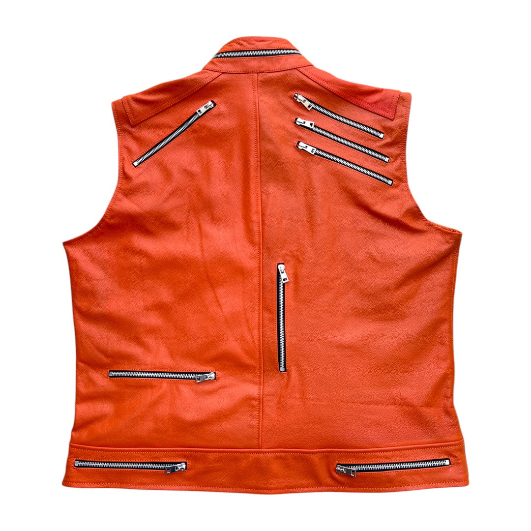 Men’s sleeveless orange leather vest for motorcycle, biker and casual outfits