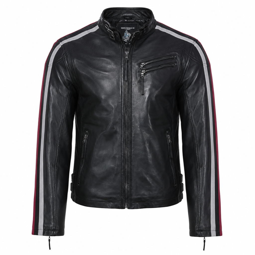 Men’s Black Leather Motorcycle Jacket with Red & White Stripes