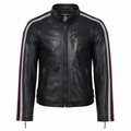 Men’s Black Leather Motorcycle Jacket with Red & White Stripes