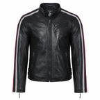 Men’s Black Leather Motorcycle Jacket with Red & White Stripes
