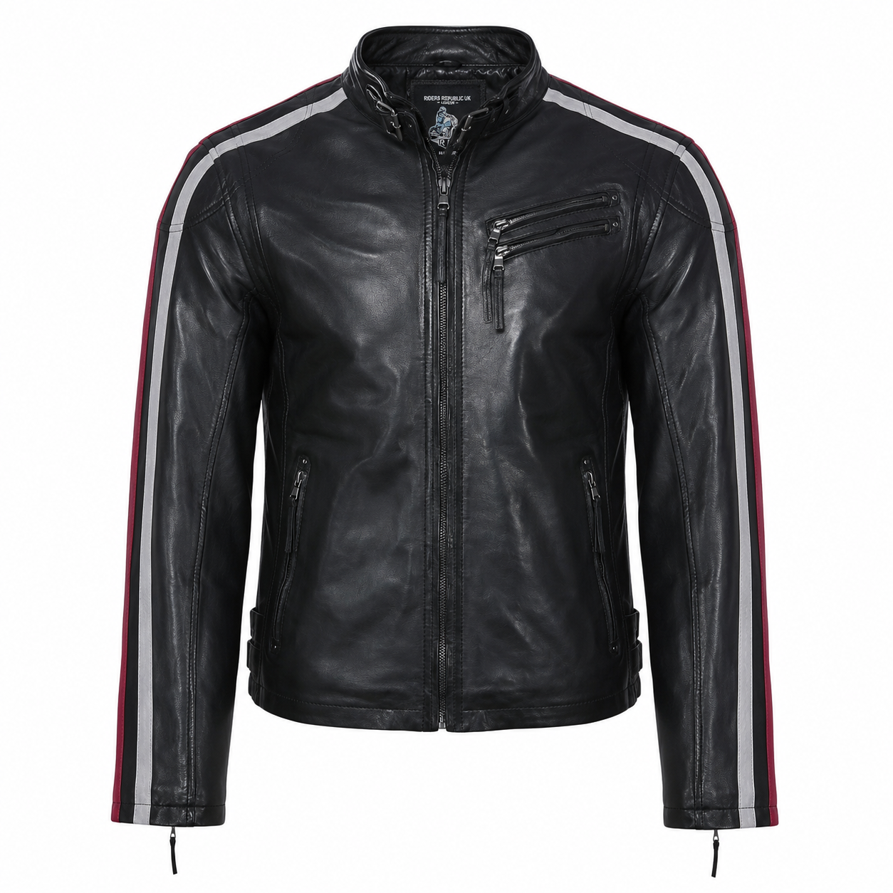 Men’s Black Leather Motorcycle Jacket with Red & White Stripes