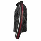 Men’s Black Leather Motorcycle Jacket with Red & White Stripes