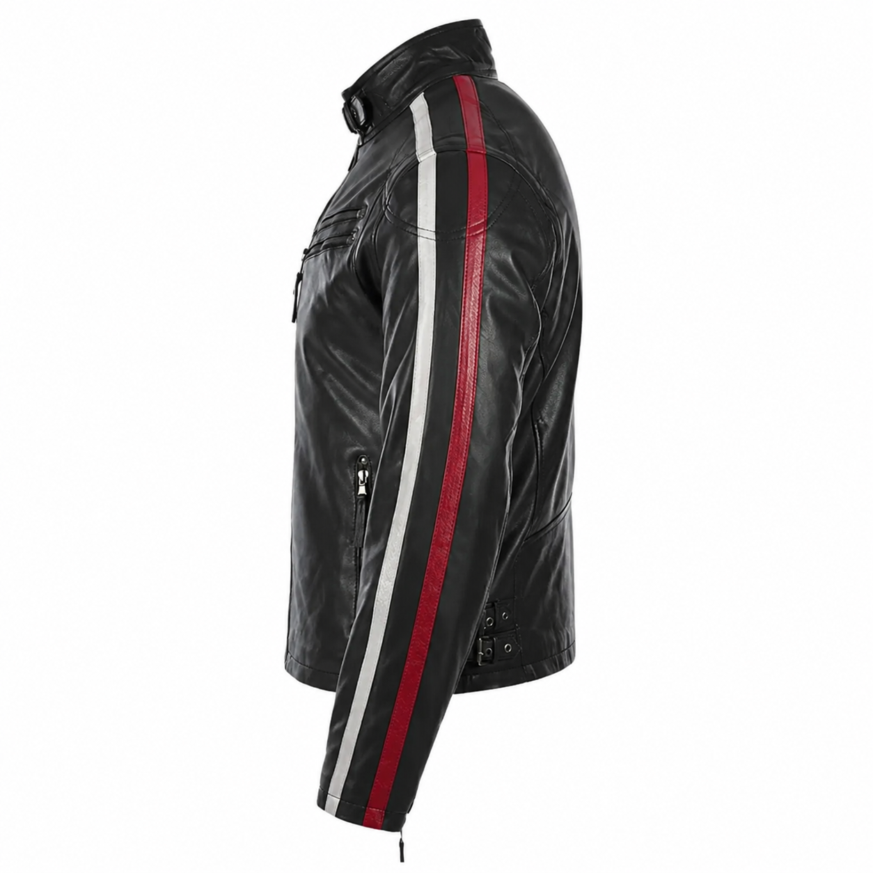 Men’s Black Leather Motorcycle Jacket with Red & White Stripes