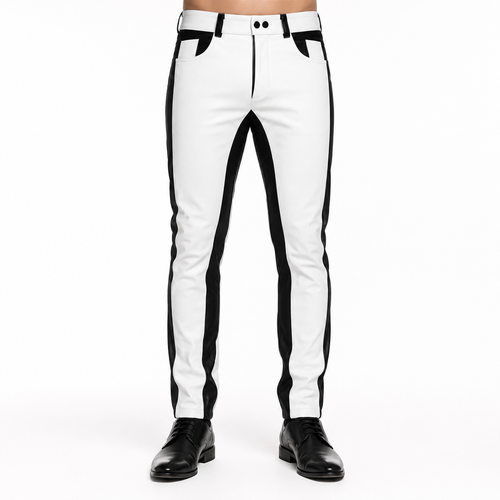 Men’s Black & White Leather Biker Pants