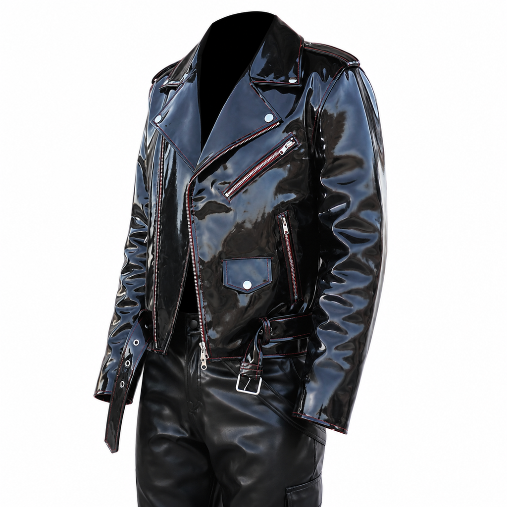 Emo-Vinyl-Bikerjacke für Herren mit gotischen roten Nähten