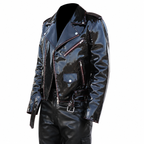 Emo-Vinyl-Bikerjacke für Herren mit gotischen roten Nähten