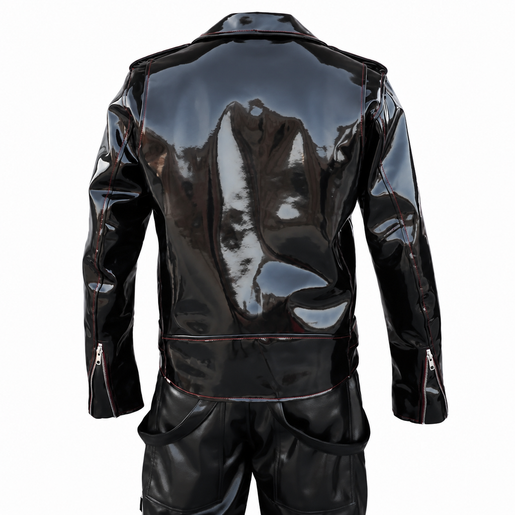 Emo-Vinyl-Bikerjacke für Herren mit gotischen roten Nähten