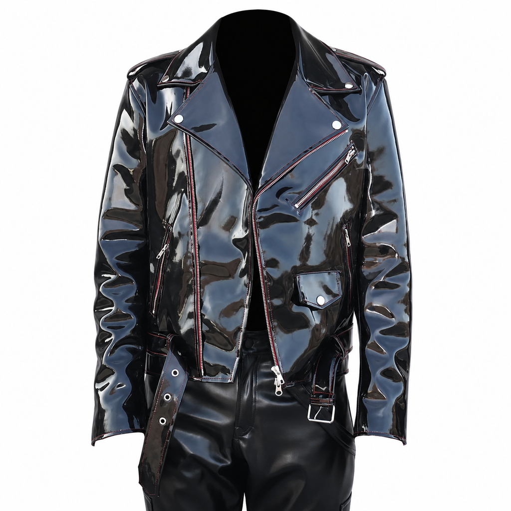 Emo-Vinyl-Bikerjacke für Herren mit gotischen roten Nähten