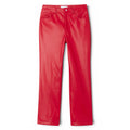 Women’s red lambskin leather pants with high-waist fit, smooth leather finish and statement trouser style.