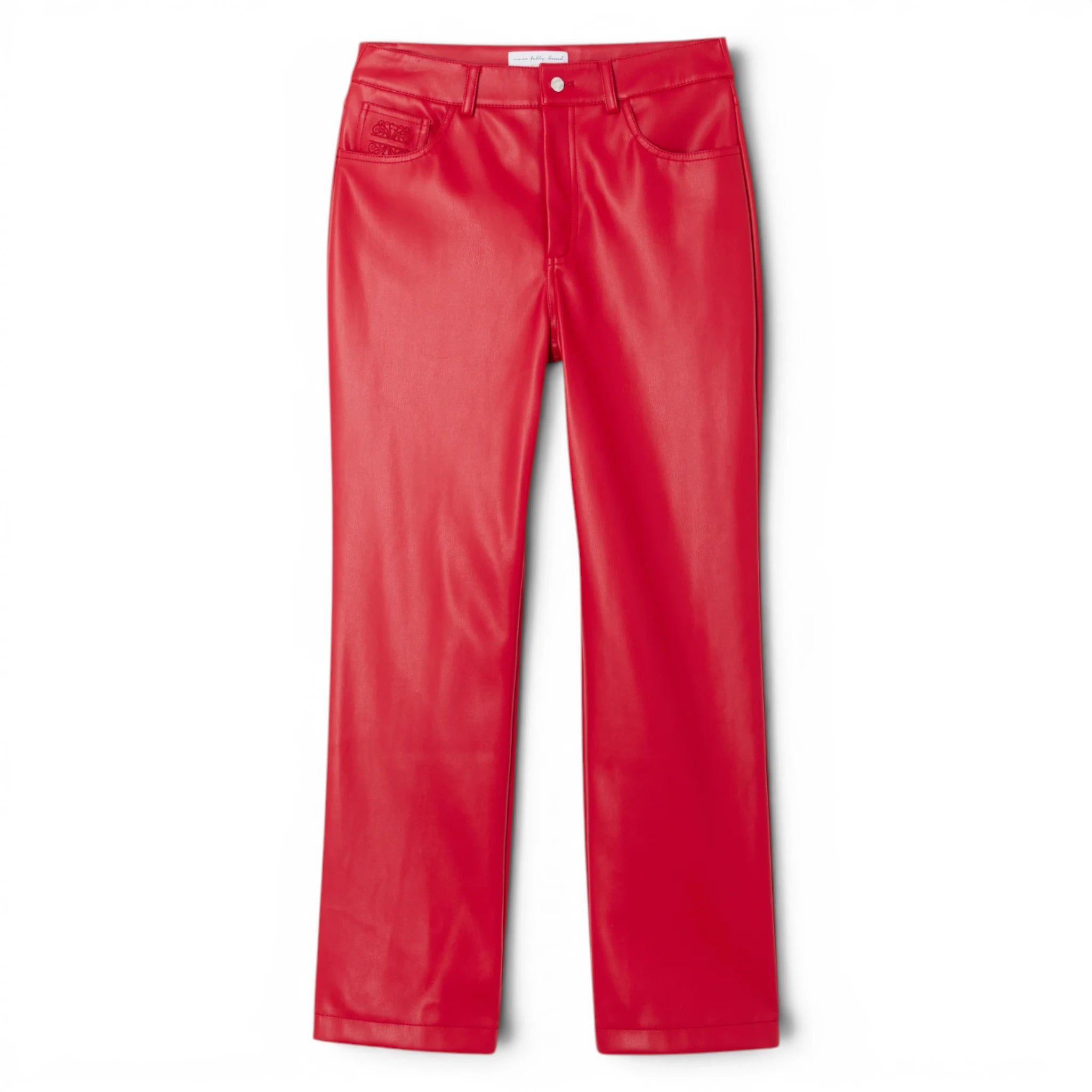 Women’s red lambskin leather pants with high-waist fit, smooth leather finish and statement trouser style.