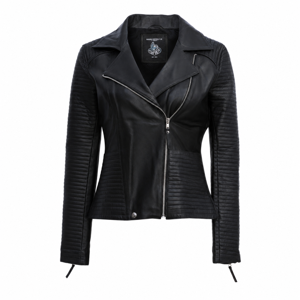 Damen schwarze Reißverschluss Bikerjacke mit Lippenkragen