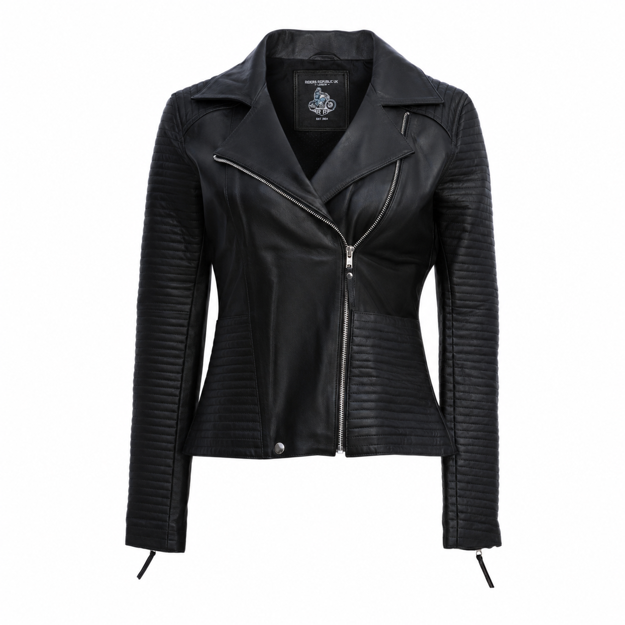 Women’s Black Zipper Biker Jacket with Lip Collar Leather