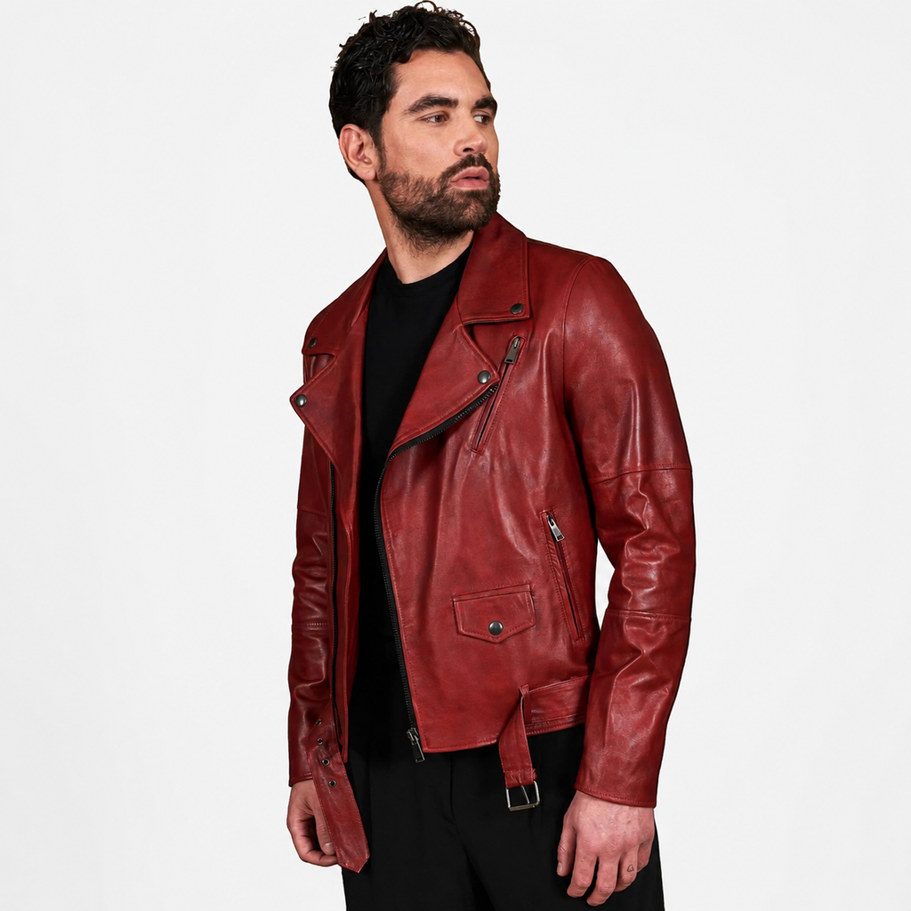 Herren schmale Passform glänzende rote USA Biker-Lederjacke