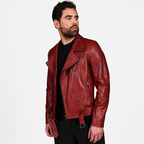 Herren schmale Passform glänzende rote USA Biker-Lederjacke