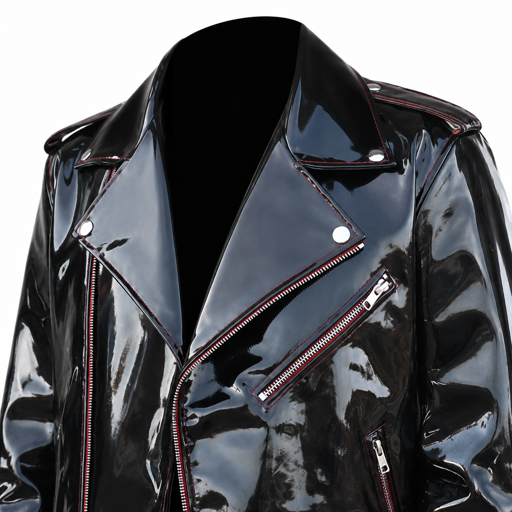 Emo-Vinyl-Bikerjacke für Herren mit gotischen roten Nähten