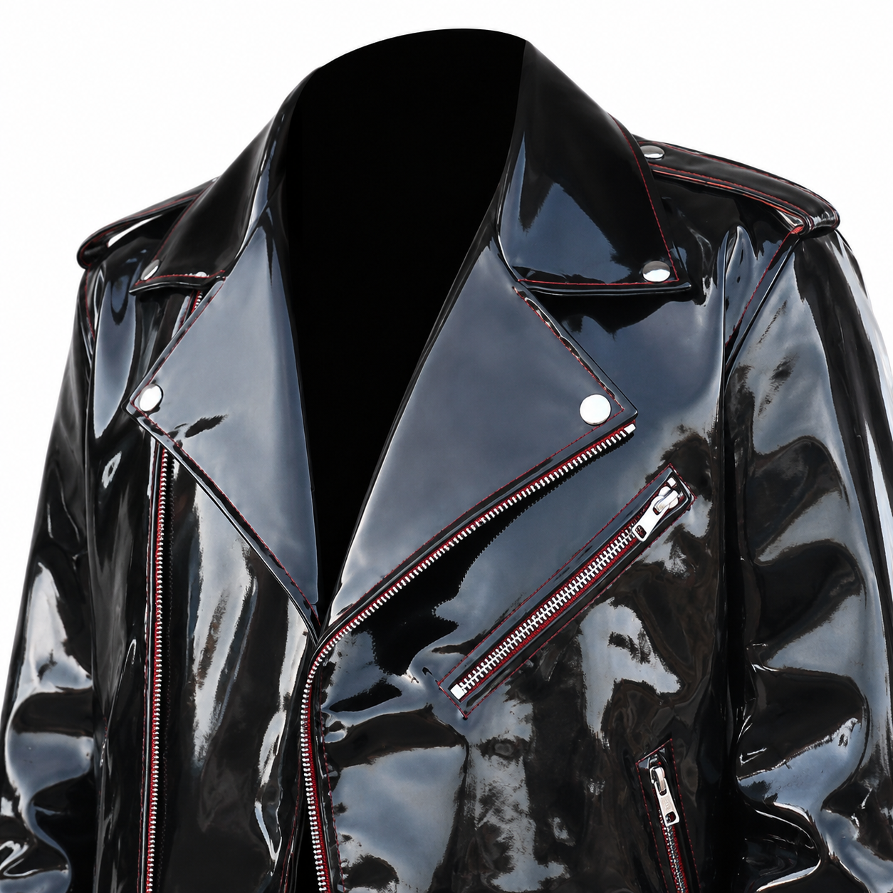 Men’s Emo Vinyl Biker Jacket with Gothic Red Stitching