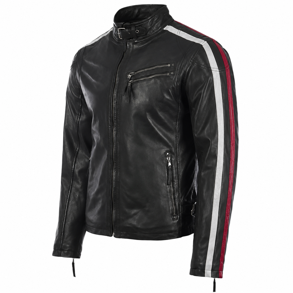 Men’s Black Leather Motorcycle Jacket with Red & White Stripes