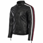 Men’s Black Leather Motorcycle Jacket with Red & White Stripes
