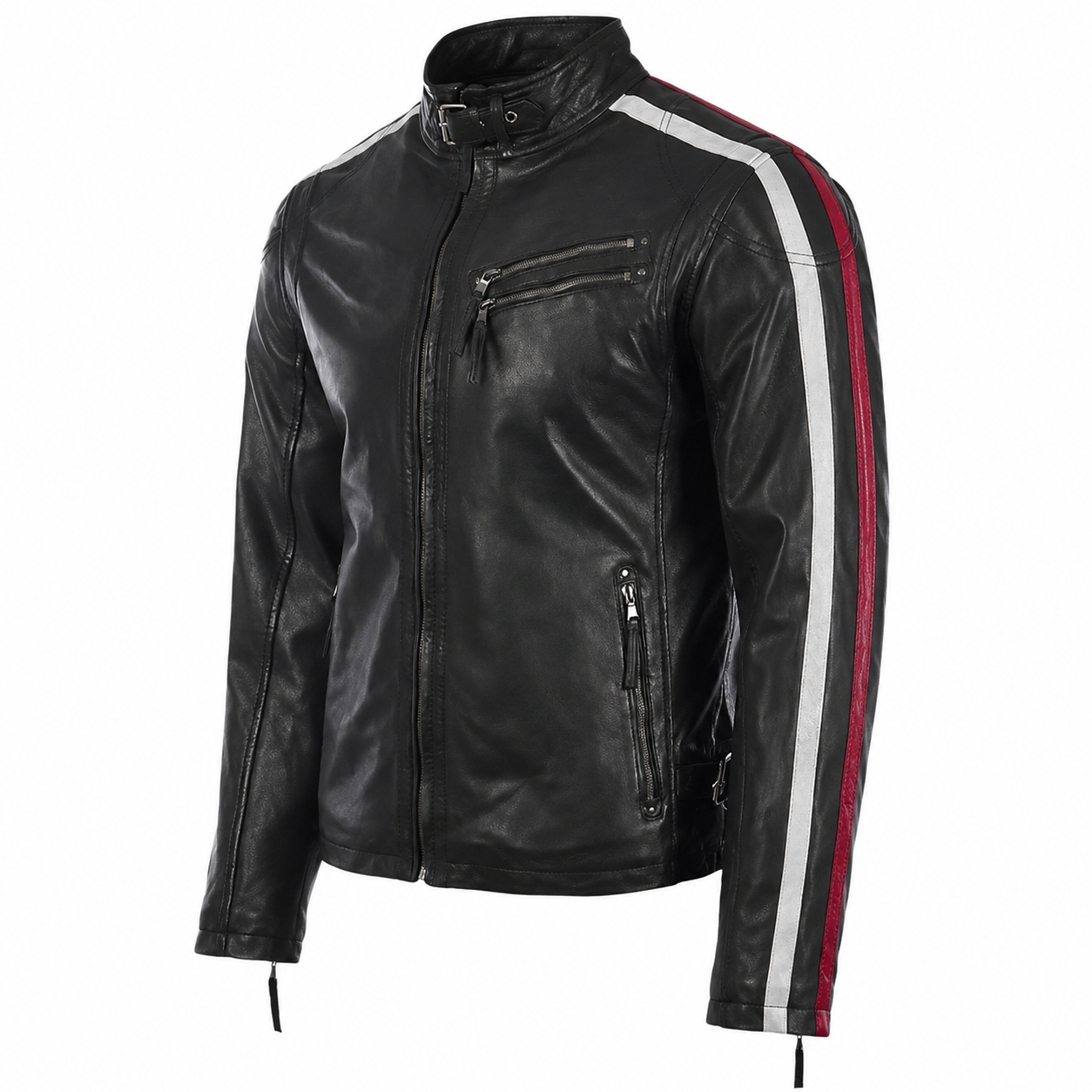 Men’s Black Leather Motorcycle Jacket with Red & White Stripes